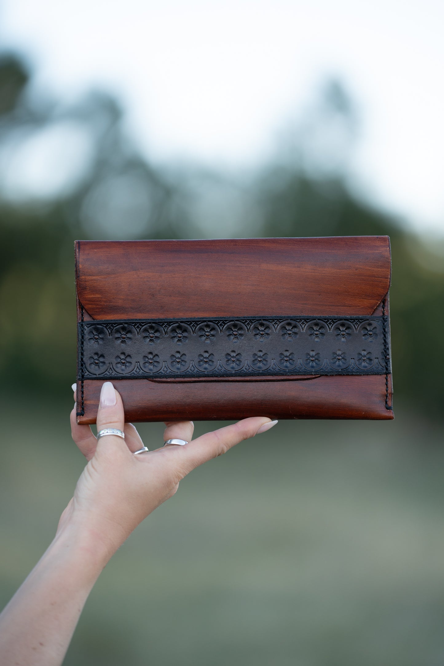 Two Toned Stained Veg-Tan Leather with Hand Stamped Deatils